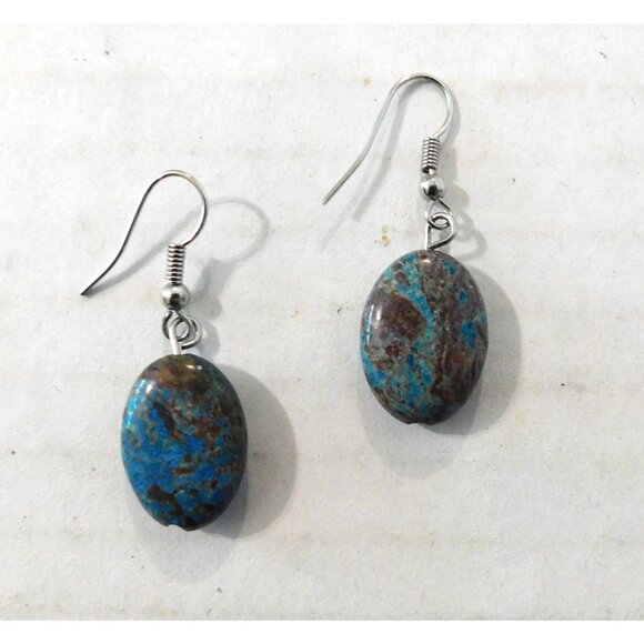 Turquoise Brown Stone Necklace Fishhook Pierced Earrings 20" Silver Tone Chain - Picture 10 of 12